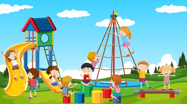 Kids playing at the park with adult Royalty Free Vector