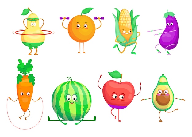Бесплатное векторное изображение Активный мультяшный набор фруктов и овощей
