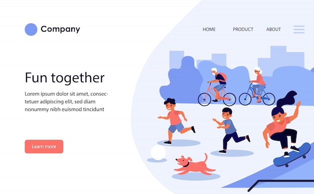 無料ベクター 都市の遊び場でアクティブな子供たち。ウェブサイトテンプレートのレイアウト