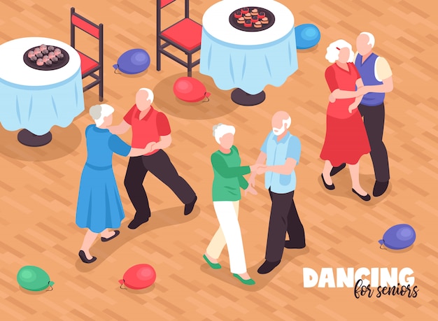 Active elderly people dancing illustration with active lifestyle symbols isometric