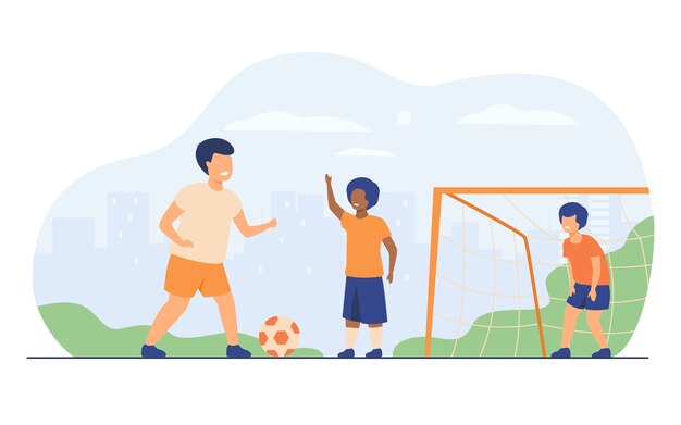 Active happy children playing football outdoors isolated flat vector illustration. Cartoon boys playing soccer, running and kicking ball on playground. Summer vacation and sport game 