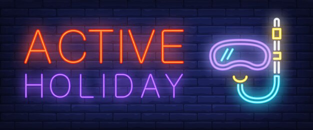 Active holiday neon text with diving mask and snorkel