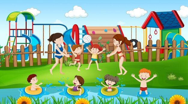 Active kids playing in outdoor scene