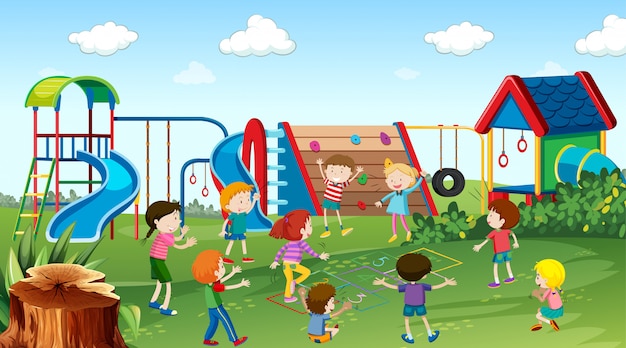 Active kids playing in outdoor scene