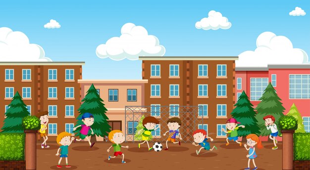 Active kids playing in outdoor scene
