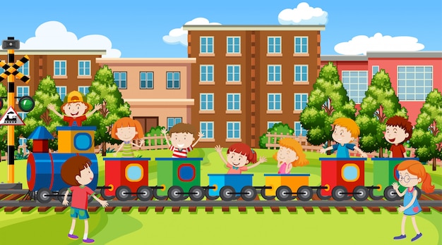 Free vector active kids playing in outdoor scene