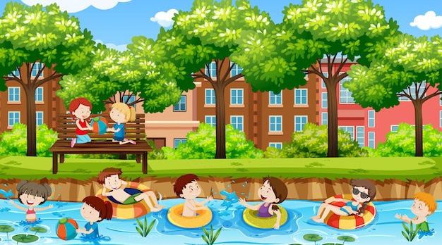 Free vector active kids playing in outdoor scene