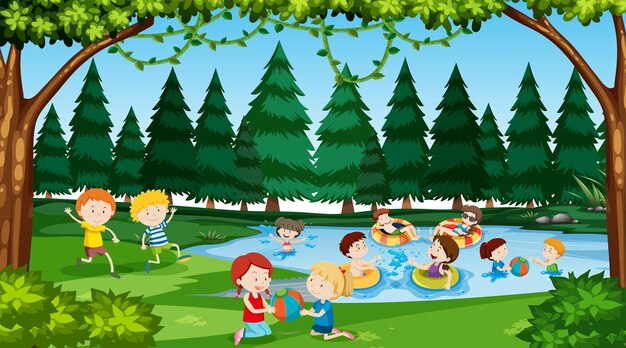 Free vector active kids playing in outdoor scene