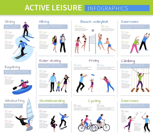 Active leisure people infographics with different games and activities