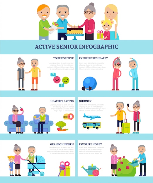 Active senior people flat infographics