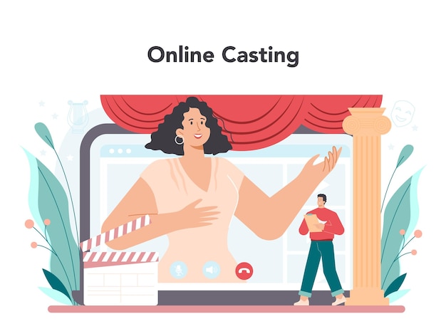 Actor and actress online service or platform Theatrical performer or movie production cast member Online casting Vector flat illustration