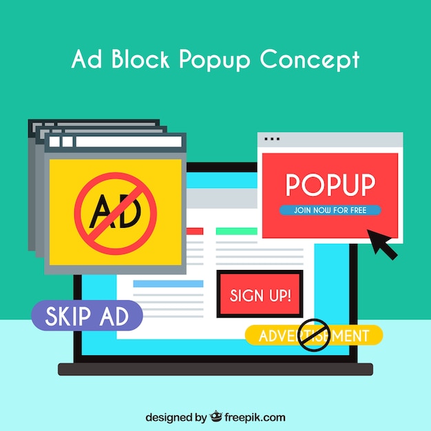 無料ベクター フラットスタイルの広告ブロックポップアップのコンセプト背景