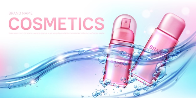 Free vector ad of pink spray bottle cosmetics in water flow