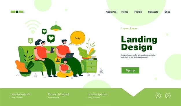 Free Vector addicted family using digital gadgets for chatting on social media landing page in flat style