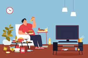 Free vector addiction composition with indoor loving room scenery and fat man eating junk food in front of tv