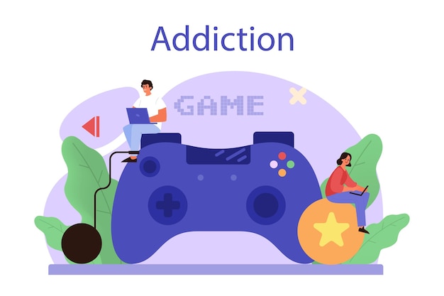 Addiction concept idea of medical treatment for addicted people video game addiction person addicted to the gaming bad habit and unhealthy lifestyle isolated flat vector illustration