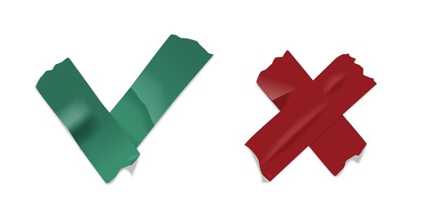 예 및 아니오에 대한 접착 테이프 표지판은 끈적끈적한 덕트 종이 스트립에 있는 적십자 및 녹색 눈금 기호가 질감이 있고 접착되어 있습니다.
