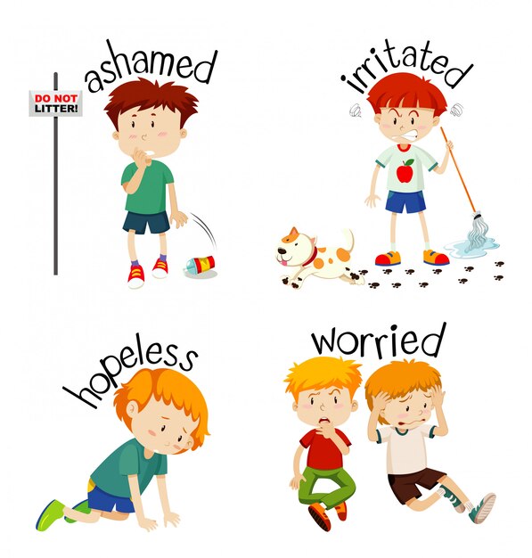 Adjective words with kid expressing their feelings