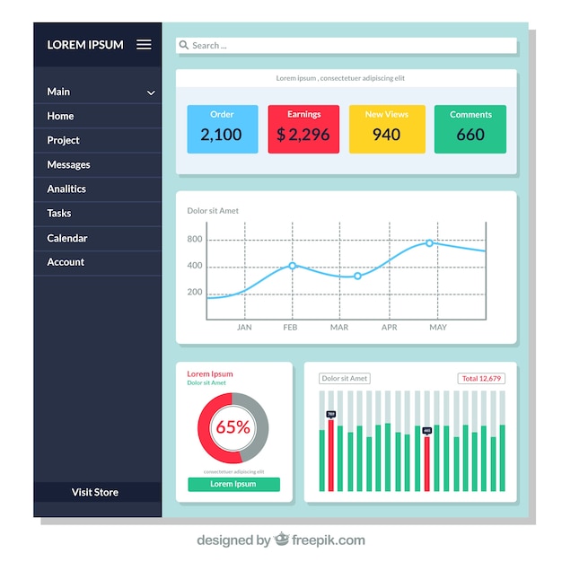 Vettore gratuito pannello dashboard di amministrazione con design piatto