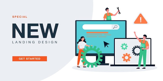 管理者がコンピューターの問題を修正します。レンチフラットベクトルイラストと修理サービスの小さな男性労働者。バナー、ウェブサイトのデザインまたはランディングウェブページのPCコンセプトのメンテナンス、技術サポート