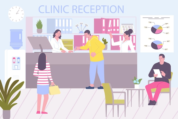 Admission hospital flat composition with clinic reception scenery with counter