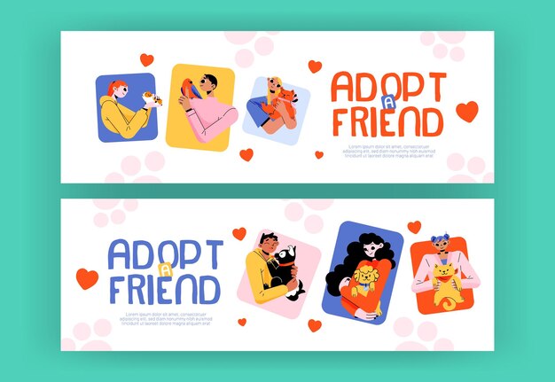 Adopt a friend banners people hugging pets