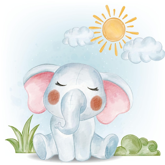 Adorable Baby Elephant in the Garden Watercolor