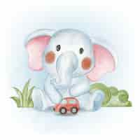 Vettore gratuito adorabile elefantino che gioca con l'acquerello di giocattoli per auto