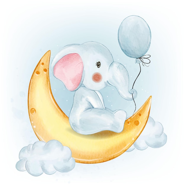 Adorable Baby Elephant with Balloon on the Crescent Watercolor