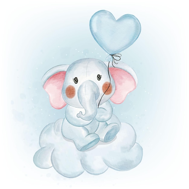 Adorable Baby Elephant with Heart Shape Balloon Watercolor