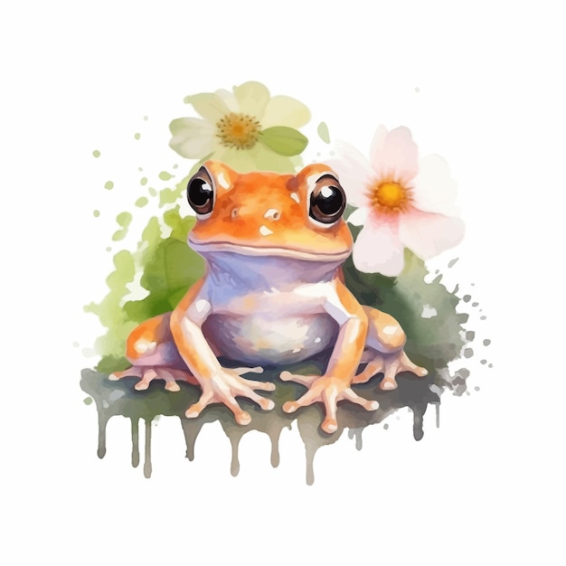 Adorable Baby Frog with Flowers Watercolor Illustration for kids learning