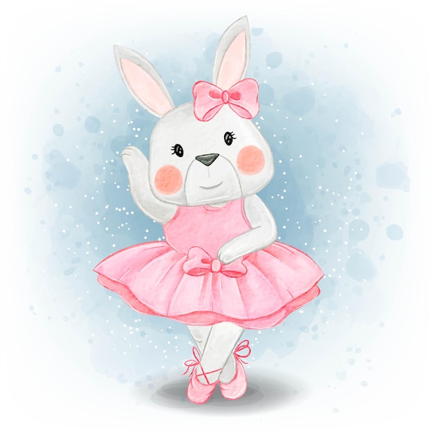 Free vector adorable bunny rabbit dancing ballerina watercolor
