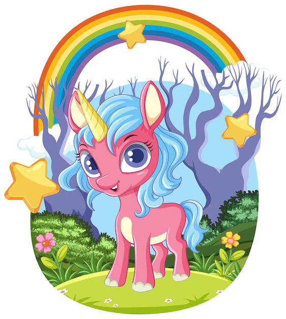 Adorable cartoon unicorn with rainbow