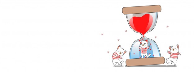 愛らしい猫と砂時計のイラストバナー プレミアムベクター