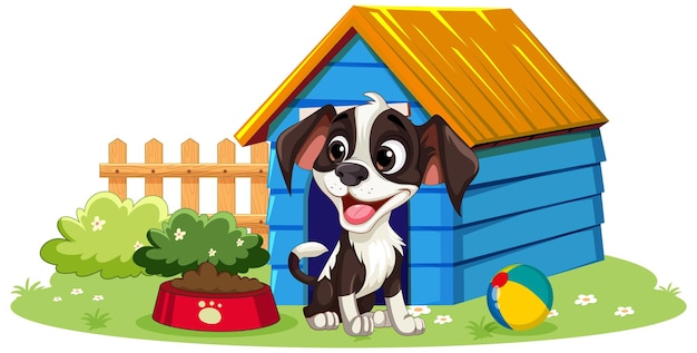 Бесплатное векторное изображение Очаровательная собака с собачьей будкой