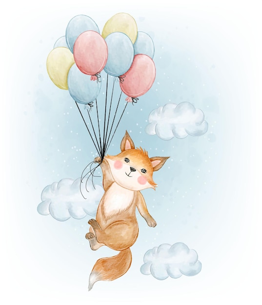 Free vector adorable fox flying with balloon watercolor