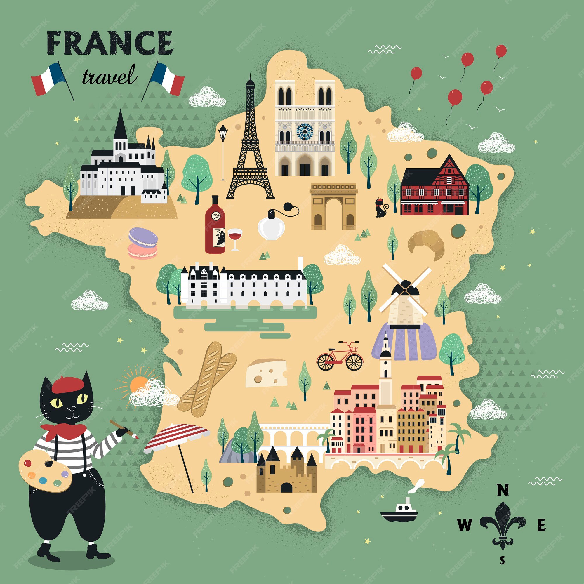 Travel Map Of France Premium Vector | Adorable France Travel Map Design With Cats And Famous  Attractions