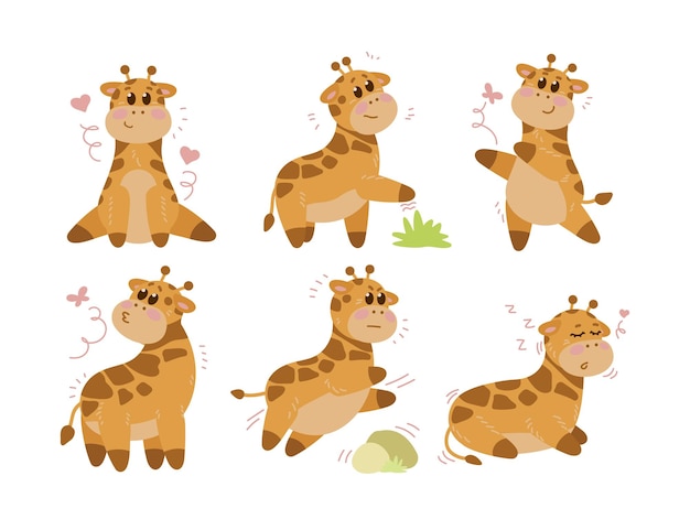 Free Vector adorable giraffe cartoon character vector illustrations set. collection of watercolor drawings with cute baby animal in different poses on white background. wildlife concept for birthday card design
