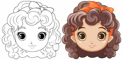 Free vector adorable girl with curly hair outline for colouring