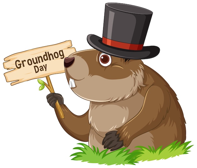 Vettore gratuito adorabile cartone animato della marmotta con lo striscione del giorno della marmotte