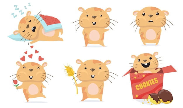 Free vector adorable hamster set. cute funny cartoon hamster sleeping, waving hello, giving flower in love, eating cookies in box. vector illustration for animal, pets, rodent concept