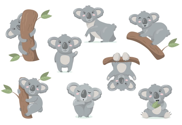 Adorable Koala Baby Flat Set. Cartoon Illustration