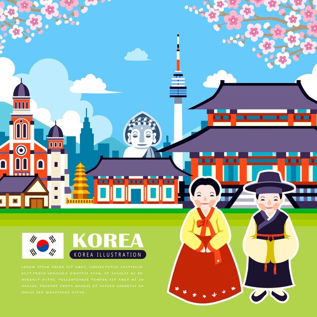 かわいい漫画韓国の男の子と女の子の民族衣装 イラスト プレミアムベクター