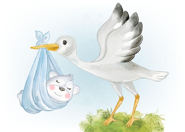 Free vector adorable stork with sleeping koala nursery watercolor