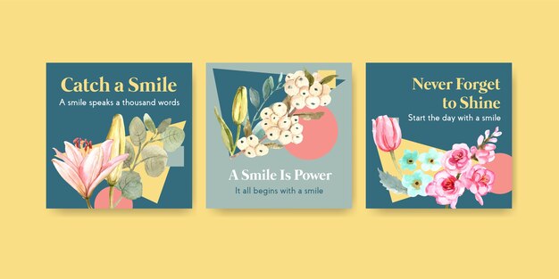 Modello di annunci con disegno di bouquet di fiori per il concetto di giornata mondiale del sorriso per illustrareion di vettore dell'acquerello di marketing.