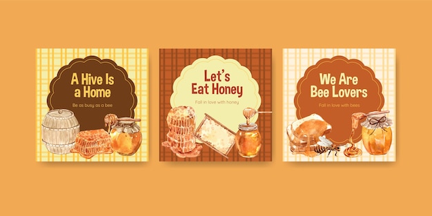 무료 벡터 마케팅을위한 꿀 광고 템플릿 및 수채화 광고