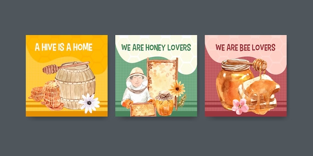 Free vector ads template with honey for marketing and advertise watercolor