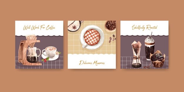 広告とマーケティングの水彩画のための国際的なコーヒーの日のコンセプトデザインの広告テンプレート