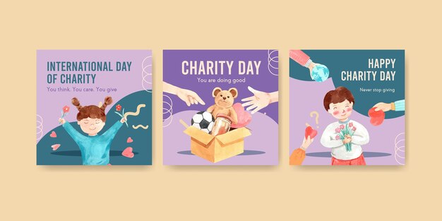 Ads template with international day of charity concept design for advertise and marketing watercolor.