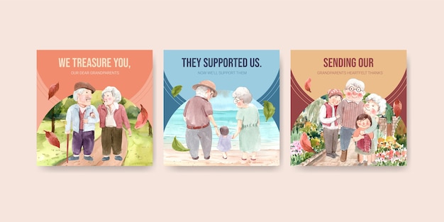 無料ベクター 宣伝し、水彩画をマーケティングするための祖父母の日コンセプトデザインの広告テンプレート。